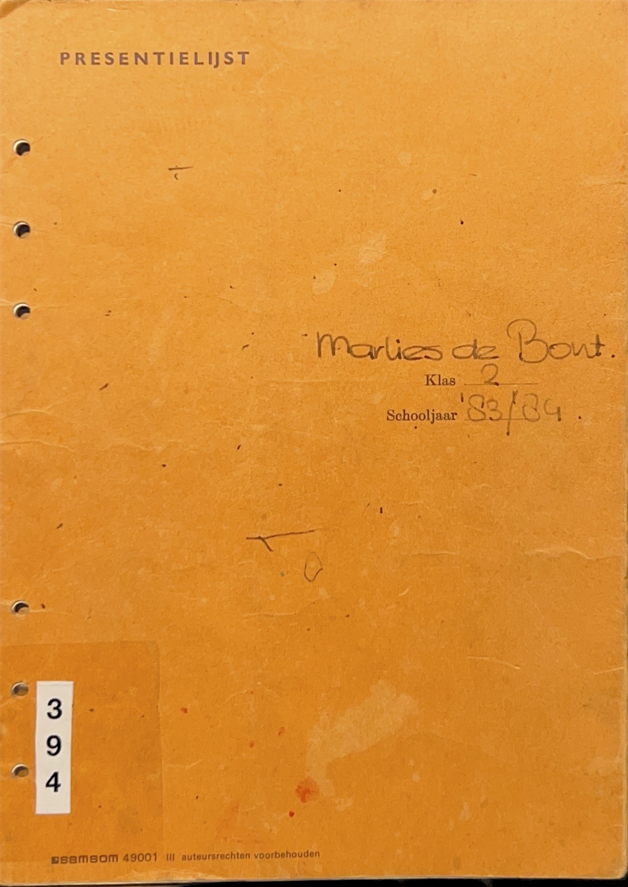 Cover of Marlies de Bont Presentielijst '83/'84