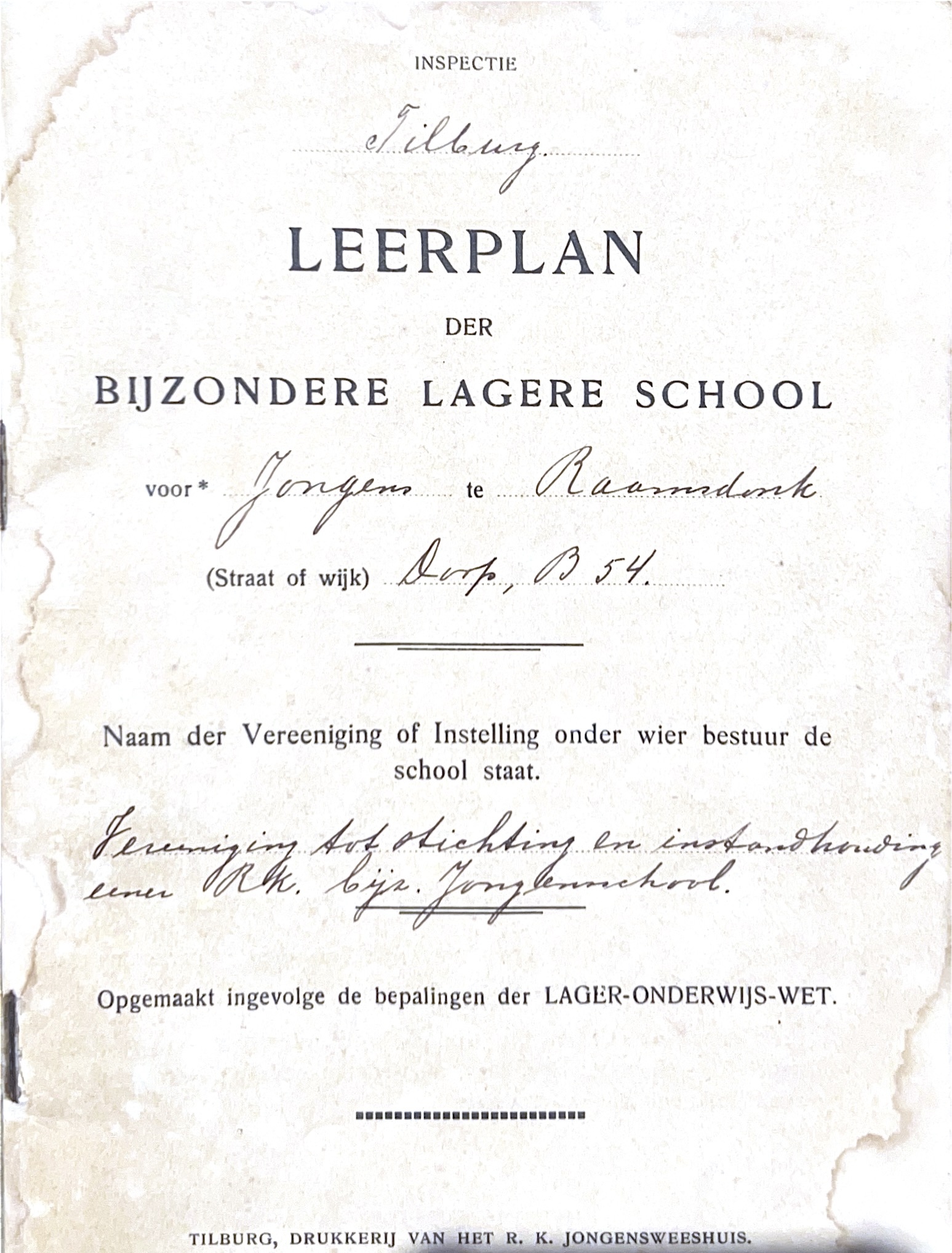 Cover of Leerplan der Bijzondere Lagere School voor jongens te Raamsdonk